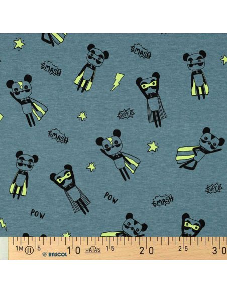 Tessuto jersey mélange - Supereroi gialli su sfondo blu