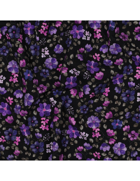Tessuto jersey Anna - Fiori viola su sfondo blu navy