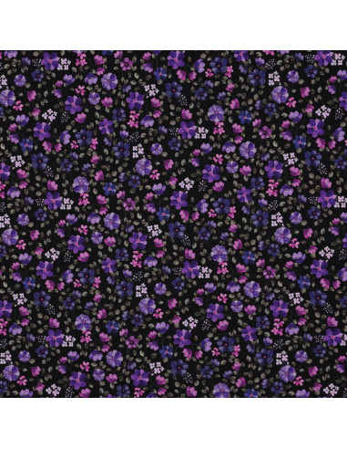Tessuto jersey Anna - Fiori viola su sfondo blu navy