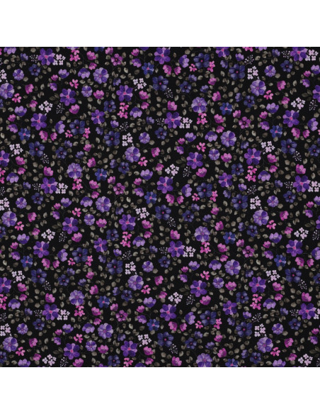 Tessuto jersey Anna - Fiori viola su sfondo blu navy