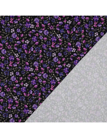 Tessuto jersey Anna - Fiori viola su sfondo blu navy