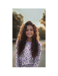 Tessuto jersey Anna - Fiori viola su sfondo bianco sporco 2