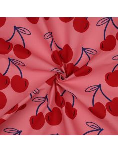 Tessuto di cotone idrorepellente con grandi ciliegie - Rosa
