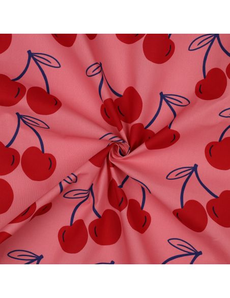 Tessuto di cotone idrorepellente con grandi ciliegie - Rosa