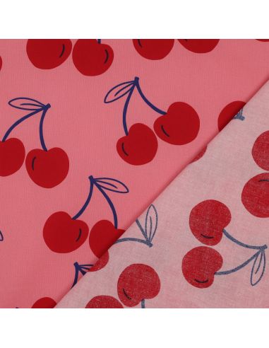 Tessuto di cotone idrorepellente con grandi ciliegie - Rosa