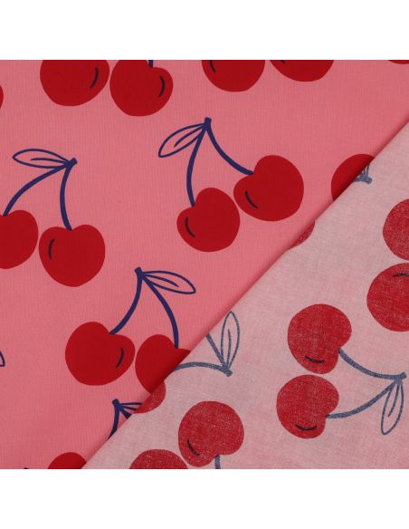 Tessuto di cotone idrorepellente con grandi ciliegie - Rosa