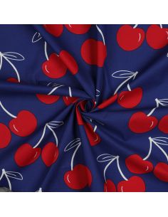 Tessuto di cotone idrorepellente con grandi ciliegie - Blu