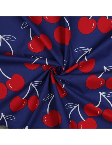 Tessuto di cotone idrorepellente con grandi ciliegie - Blu