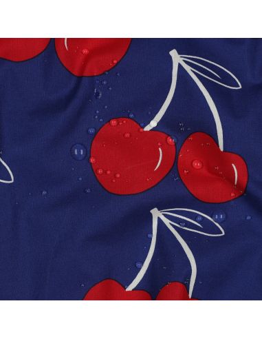 Tessuto di cotone idrorepellente con grandi ciliegie - Blu