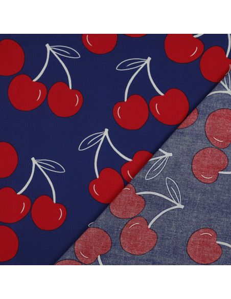 Tessuto di cotone idrorepellente con grandi ciliegie - Blu