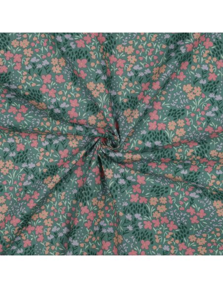 Tessuto di cotone idrorepellente con piccoli fiori - Sfondo verde