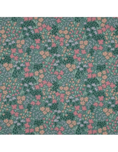 Tessuto di cotone idrorepellente con piccoli fiori - Sfondo verde