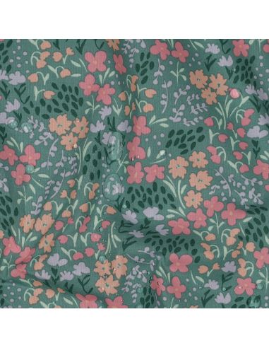 Tessuto di cotone idrorepellente con piccoli fiori - Sfondo verde