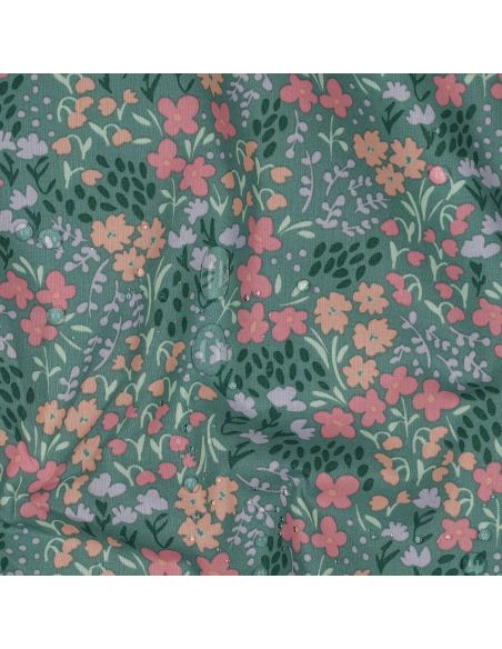 Tessuto di cotone idrorepellente con piccoli fiori - Sfondo verde