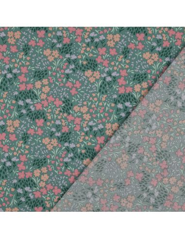 Tessuto di cotone idrorepellente con piccoli fiori - Sfondo verde