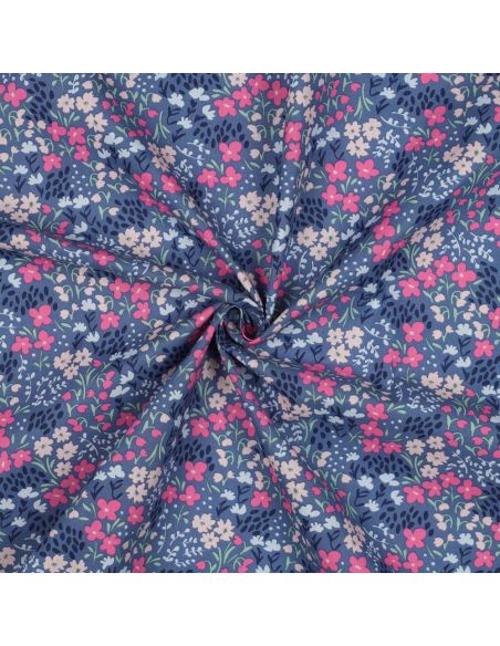 Tessuto di cotone idrorepellente con piccoli fiori - Sfondo blu jeans