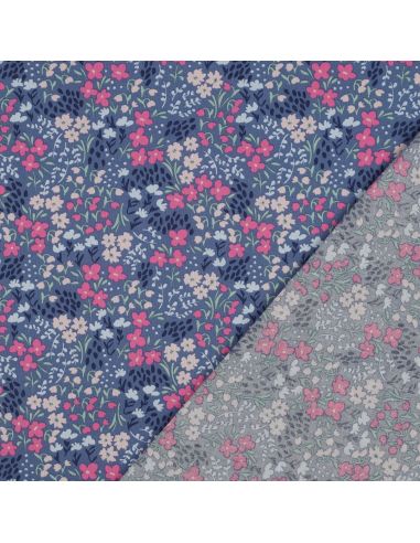 Tessuto di cotone idrorepellente con piccoli fiori - Sfondo blu jeans