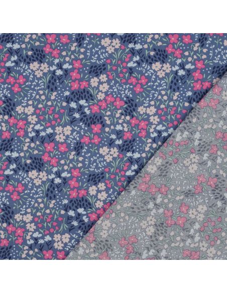 Tessuto di cotone idrorepellente con piccoli fiori - Sfondo blu jeans