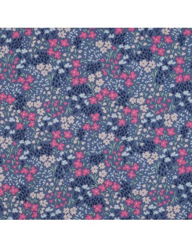 Tessuto di cotone idrorepellente con piccoli fiori - Sfondo blu jeans