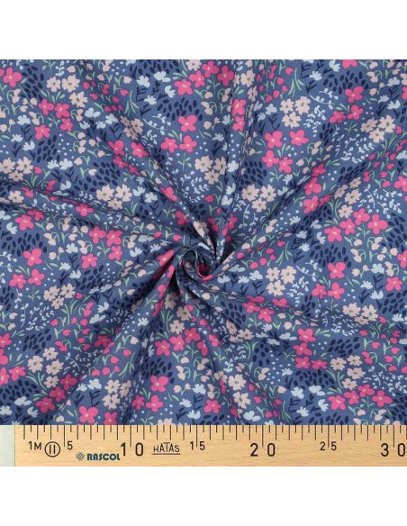 Tessuto di cotone idrorepellente con piccoli fiori - Sfondo blu jeans
