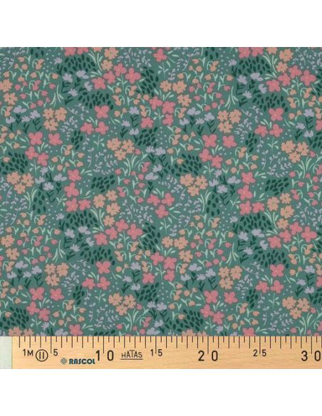 Tessuto di cotone idrorepellente con piccoli fiori - Sfondo verde