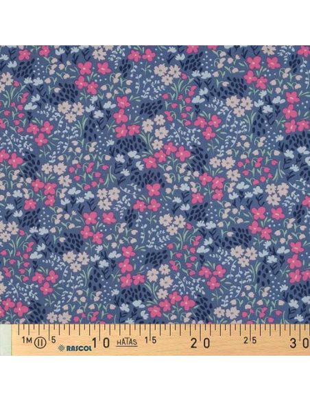 Tessuto di cotone idrorepellente con piccoli fiori - Sfondo blu jeans