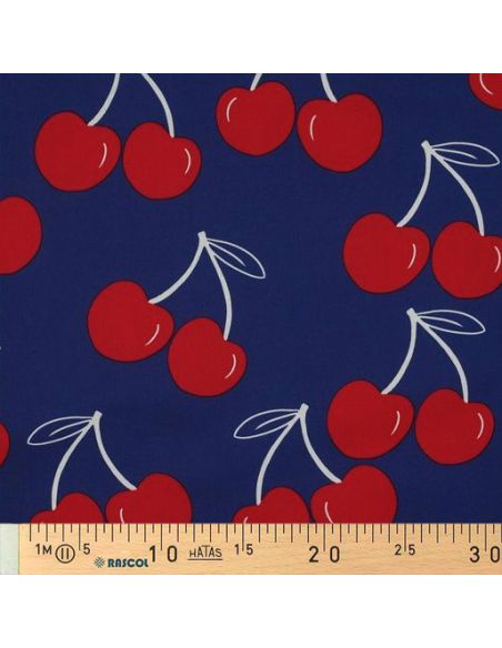 Tessuto di cotone idrorepellente con grandi ciliegie - Blu