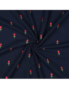 Tessuto doppia garza ricamato tulipani - Blu navy