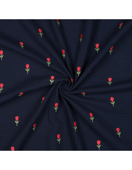 Tessuto doppia garza ricamato tulipani - Blu navy
