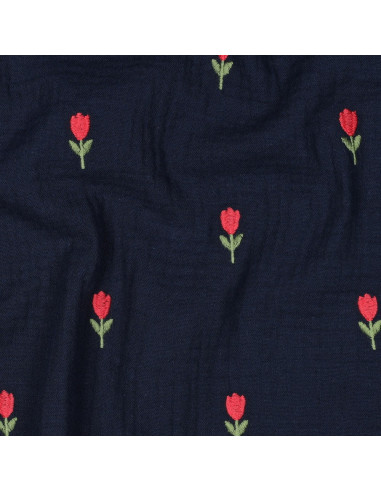 Tessuto doppia garza ricamato tulipani - Blu marino