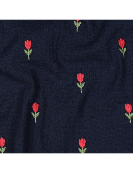 Tessuto doppia garza ricamato tulipani - Blu marino