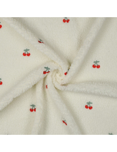 Tessuto pelliccia Teddy ricamato ciliegie - Ecru