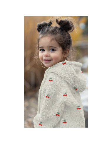 Tessuto pelliccia Teddy ricamato ciliegie - Ecru