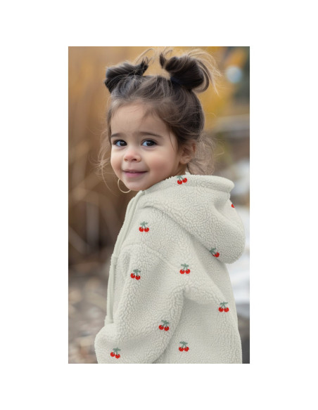 Tessuto pelliccia Teddy ricamato ciliegie - Ecru