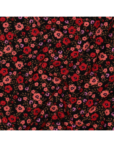 Tessuto in viscosa con piccoli fiori vivaci - Nero