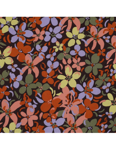 Tessuto in viscosa con fiori vivaci - Marrone scuro