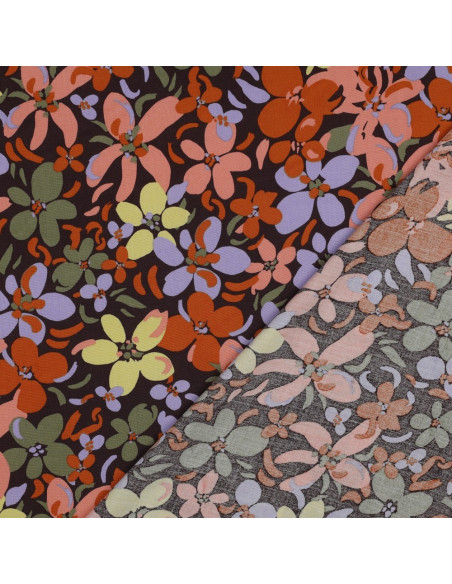 Tessuto in viscosa con fiori vivaci - Marrone scuro