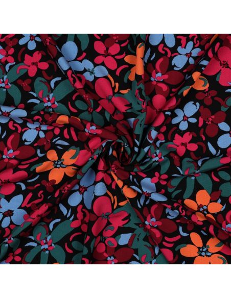 Tessuto in viscosa con fiori vivaci - Nero