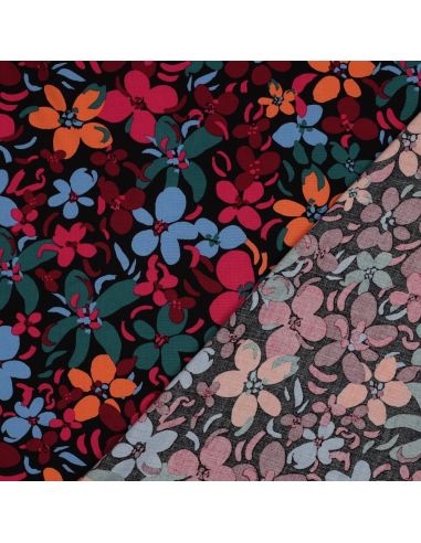 Tessuto in viscosa con fiori vivaci - Nero