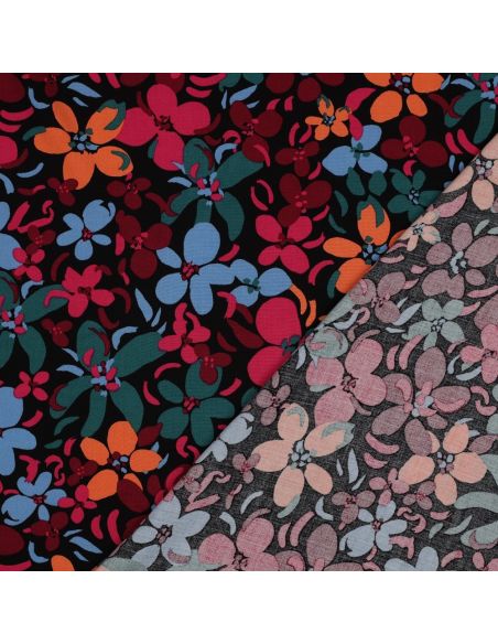 Tessuto in viscosa con fiori vivaci - Nero