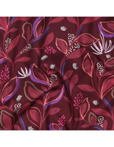 Tessuto popeline di cotone fiori e foglie - Bordeaux