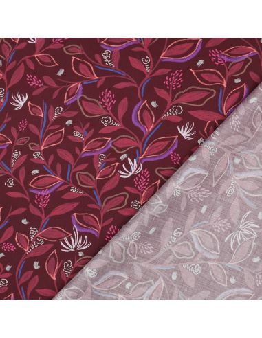Tessuto popeline di cotone fiori e foglie - Bordeaux