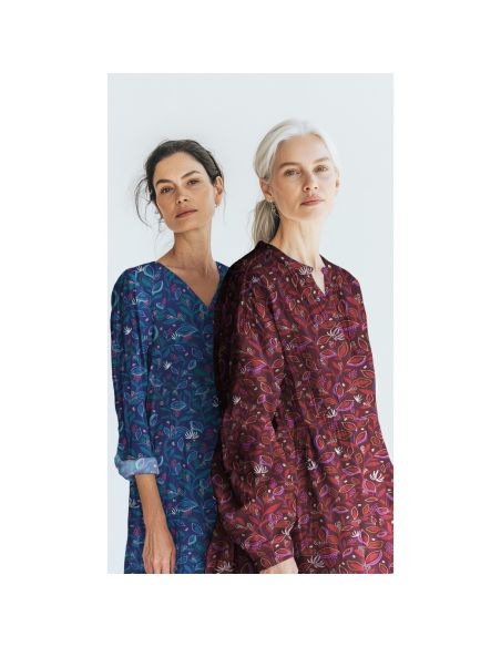 Tessuto popeline di cotone fiori e foglie - Bordeaux