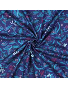 Tessuto popeline di cotone fiori e foglie - Blu