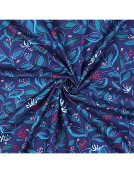 Tessuto popeline di cotone fiori e foglie - Blu