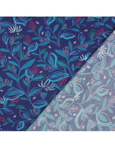 Tessuto popeline di cotone fiori e foglie - Blu