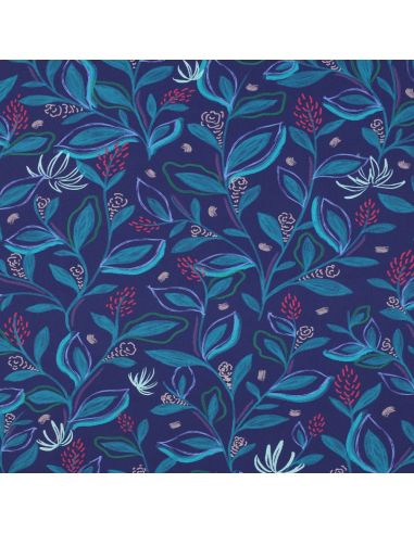 Tessuto popeline di cotone fiori e foglie - Blu