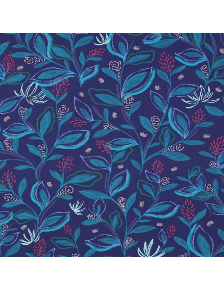 Tessuto popeline di cotone fiori e foglie - Blu