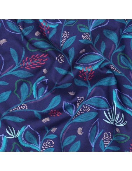 Tessuto popeline di cotone fiori e foglie - Blu
