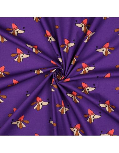 Tessuto popeline di cotone cani e cuori - Viola